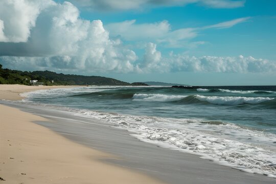 view Sandy beach with waves coming in, serene seaside scene photo