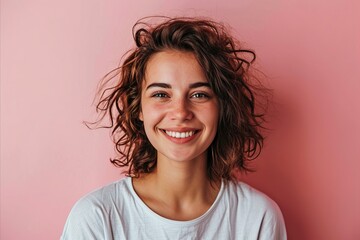 Portrait of a smiling young woman with wet hair on pink background