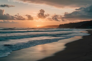 Obraz premium Waves on beach in the evening, coastal landscape photo