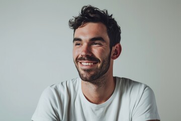 Fototapeta premium Portrait of a handsome smiling man with a beard in a white t-shirt