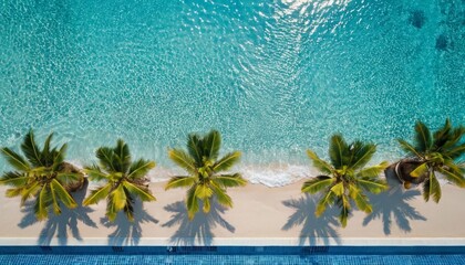 Fototapeta na wymiar Aqua waves and coconut palm shadow on blue background. Water pool texture top view.