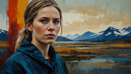 typical traditional icelandic woman abstract portrait oil pallet knife paint painting on canvas with large brush strokes art illustration on plain white background from Generative AI - obrazy, fototapety, plakaty