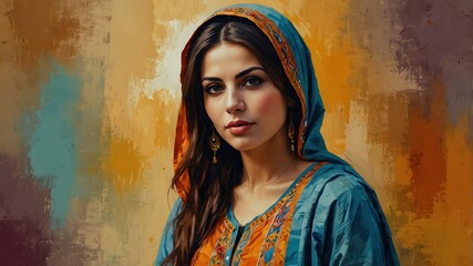 typical traditional lebanese woman abstract portrait oil pallet knife paint painting on canvas with large brush strokes art illustration on plain white background from Generative AI - obrazy, fototapety, plakaty