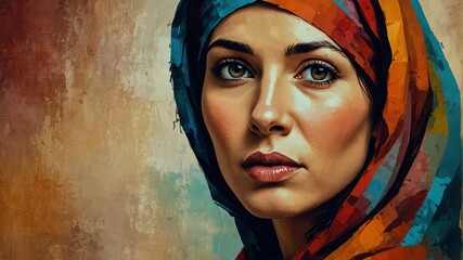 typical traditional turkish woman abstract portrait oil pallet knife paint painting on canvas with large brush strokes art illustration on plain white background from Generative AI - obrazy, fototapety, plakaty