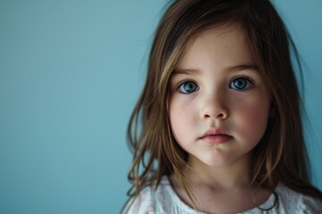 Portrait of a cute little girl with blue eyes on a blue background