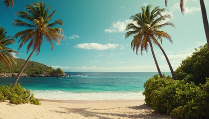 Obraz premium Beach with palm trees, ocean view, summer background illustration concept