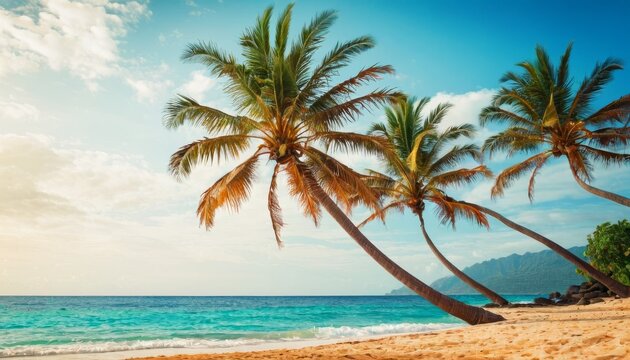 Beach with palm trees, ocean view, summer background illustration concept