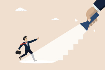 Obraz premium Spotlight to guide career success, ladder of success concept, opportunity or career growth, businessman walk up flashlight with staircase light beam.