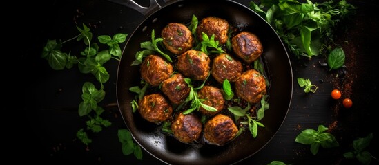Cooked meatballs placed in a pan and covered with a generous helping of fresh spinach leaves, creating a delicious and nutritious dish
