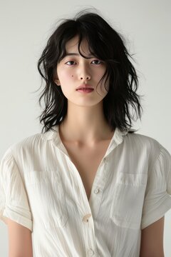 Close-up of a Japanese Super Model in a Minimalist Button-Up Dress and Sandals, displaying effortless chicness with a serene gaze photo on white isolated background