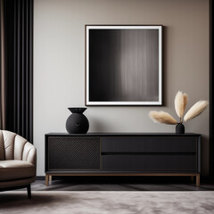 Black and white abstract painting in a dark minimalist living room interior with a black console and a beige armchair