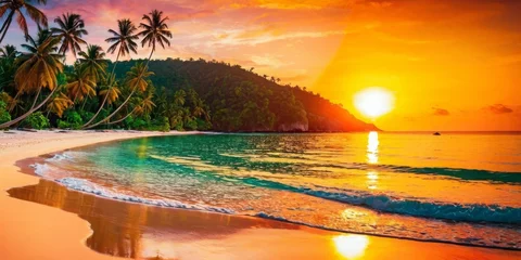 Küchenrückwand glas motiv Beautiful panoramic sunset tropical paradise beach. Tranquil summer vacation or holiday landscape © SANTANU PATRA
