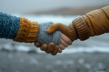 Colorful Handshake in Winter Gloves - Friendship Across Diversity; Warm Human Connection; Apt for Community Unity Campaigns, Social Awareness Materials, with copy space for text - obrazy, fototapety, plakaty