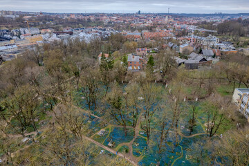 Fototapeta premium Aerial spring view of Bernardine Cemetery (Bernardinu kapines) in Vilnius, Lithuania
