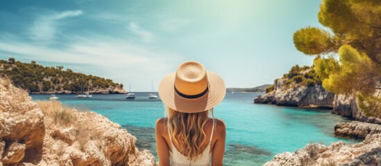 A stylish lady wearing a hat stands near a body of water, gazing at the serene view before her
