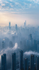 A city skyline with a foggy atmosphere. The fog is so thick that it obscures the buildings and the sky. The city appears to be in the middle of a storm, with the fog and the rain creating a moody
