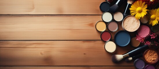 Various beauty products and blooming flowers arranged on a close-up of a rustic wooden table - obrazy, fototapety, plakaty