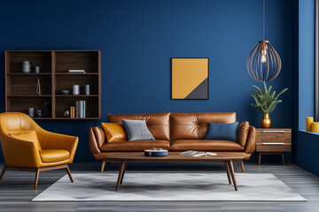 Blue living room interior with brown leather sofa yellow armchair and wooden furniture