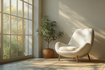 A light colored chair is placed next to the wall. Sunlight streams through the window, conveying the hot and humid air in the room - obrazy, fototapety, plakaty