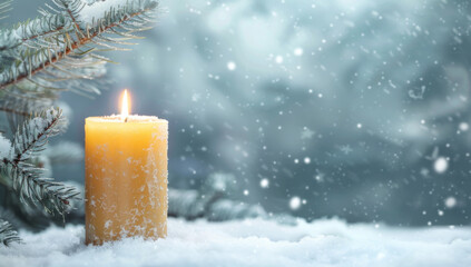 Christmas background with a burning candle and snow, white pine branches, space for text