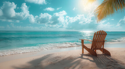 A wooden beach chair is placed next to the breathtaking turquoise sea. Sunlight streams through the palm leaf - obrazy, fototapety, plakaty