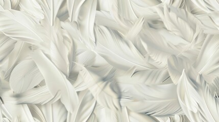 Seamless pattern of delicate and soft white feathers, flowing arrangement, creating a sense of gentle movement and tranquility.