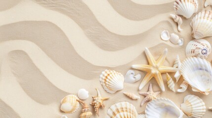 A top view of a sandy beach texture decorated with an assortment of seashells and a prominent starfish, reminiscent of a warm, sunny day by the sea, space for text