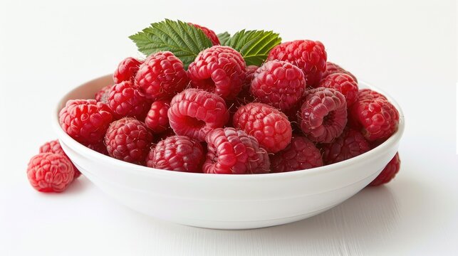 Ripe raspberries in a white bowl on a white background, juicy berries, vitamins.