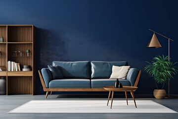 Blue living room interior with midcentury modern furniture dark blue walls and wooden floor