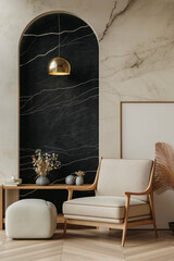 A marble black wall with an arched Wooden brown colored shelf and a gold hanging light, a small white canvas mockup, a living room with neutral tones of beige and tan in a boho style