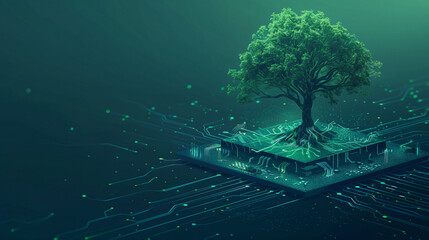 A tree growing on top of an electronic chip, symbolizing the growth and development of sustainable technology
