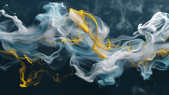 3D render Pastel Blue Yellow and white liquid flowing in the air on a black background. Abstract colorful fluid shapes with smoke