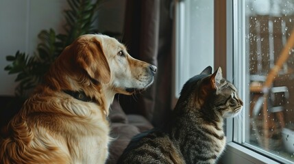 a dog and a cat looking out a window - obrazy, fototapety, plakaty