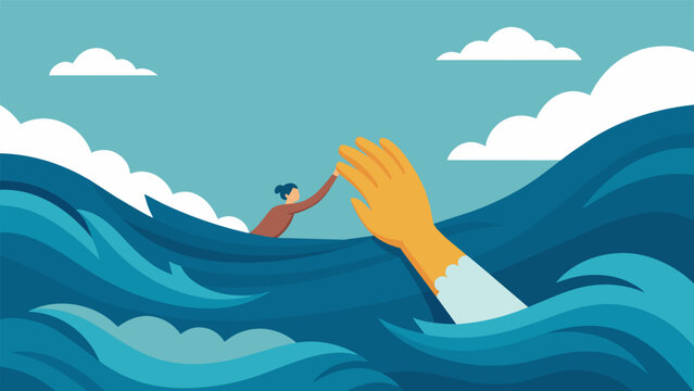 A hand reaching out to help someone else through a turbulent ocean highlighting the importance of social support and connection in resilience.