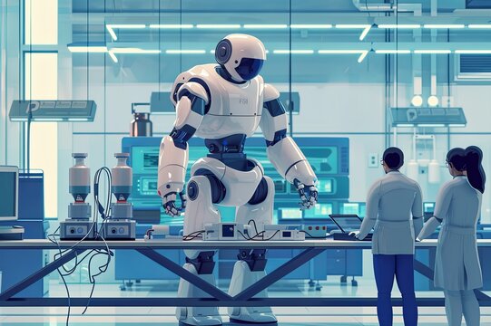 Visual depictions of human-robot collaboration in various settings, including factories, hospitals