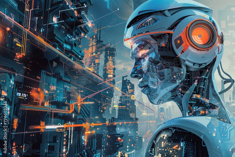 Wall mural Artwork portraying the integration of artificial intelligence into futuristic technologies, with AI-powered robots, autonomous vehicles, and smart devices revolutionizing various