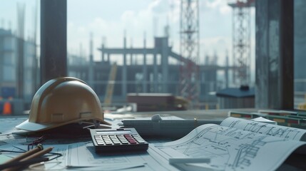 a hard hat and calculator on a construction site