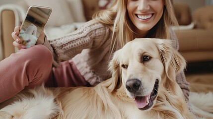 Saving memories with pet. Smiling woman with blond hair snuggling to furry friend and taking selfie on modern cell phone. Obedient golden retriever lying on floor near delighted female owner.