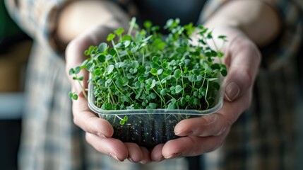 The woman's hands are holding a bowl of fresh microgreens. Useful products. Proper nutrition. Diet, vegetarianism.