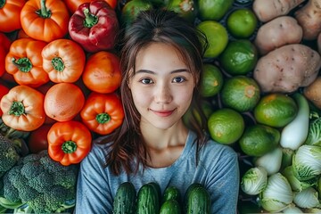 Fototapeta premium Young Woman Smiling Among Assorted Fresh Organic Vegetables at a Farmer's Market Healthy Eating Lifestyle Concept