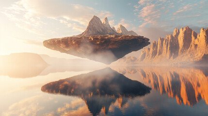 3D render of a surreal landscape with floating mountains, smooth and polished surfaces, simple geometry, golden hour lighting, calm water surface reflecting the sky
