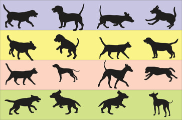 Dog icons  for different Breeds.Hunting hound dog silhouettes in editable vector. Foxhound and dogs in multiple poses and positions for designing online games, poster or flyer for media and web. 