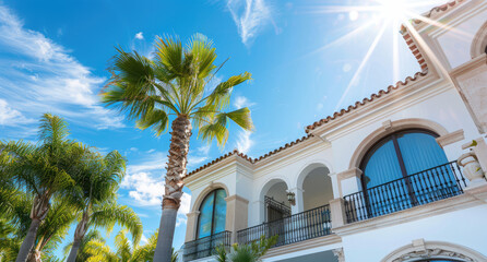 Fototapeta na wymiar beautiful Spanish villa with a pool and palm trees in the background, blue sky, sunny day, luxury house