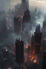A cityscape with a lot of smoke and fire. The buildings are tall and dark, and the sky is cloudy. Scene is ominous and foreboding