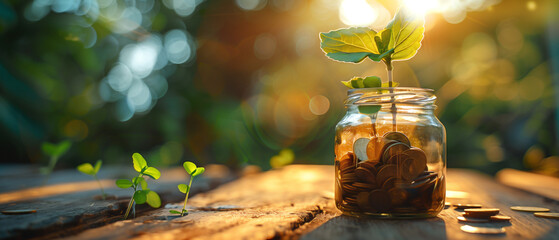 A glass jar filled with coins and a sprouting plant, symbolizing financial growth and prosperity on a wooden table