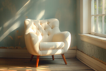 A light colored chair is placed next to the wall. Sunlight streams through the window, conveying the hot and humid air in the room - obrazy, fototapety, plakaty