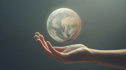 Levitating planet earth over female white skin beautiful hand , with subtle studio lighting enhancing its ethereal beauty