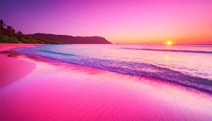 Deurstickers beautiful sunset over a pink sandy beach and ocean. spectacular beach scene, beach travel view background © SANTANU PATRA