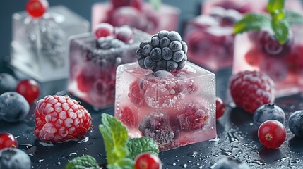Frozen ice cubes with various fruits, blackberries and raspberries, gooseberries and currants,...