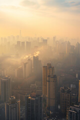 A city skyline with a hazy, smoggy atmosphere. The buildings are tall and the sky is a mix of orange and gray